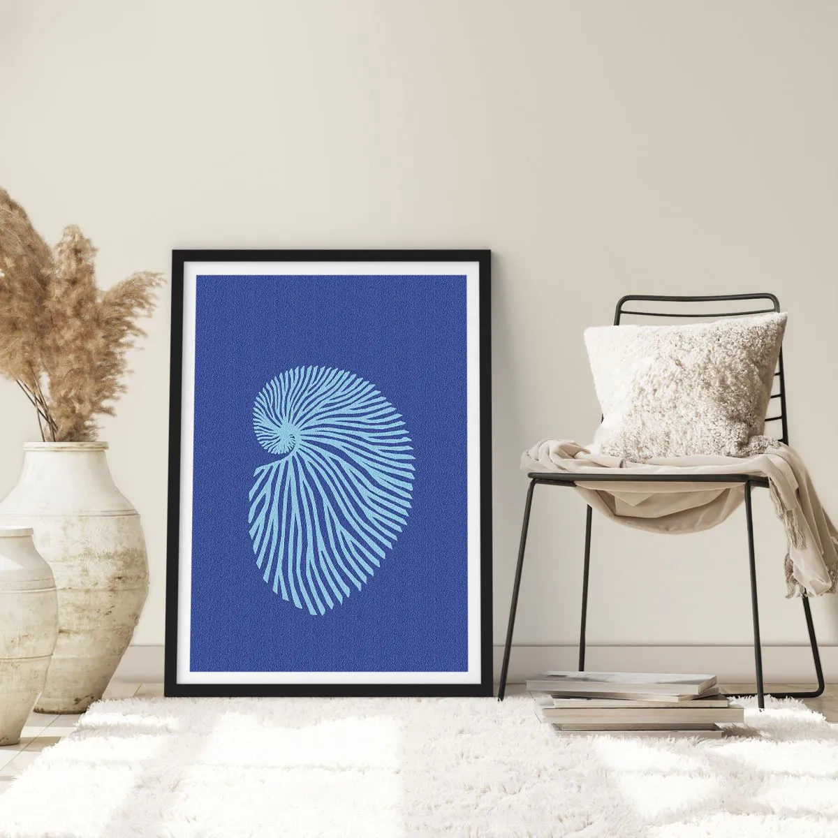 Poszter fehér keretben - Spirális elrendezésben elrendezett stilizált kagylógrafika - 50x70cm - Egy kagyló születése - Modern fali dekoráció nappalihoz és hálószobához ARTTOR