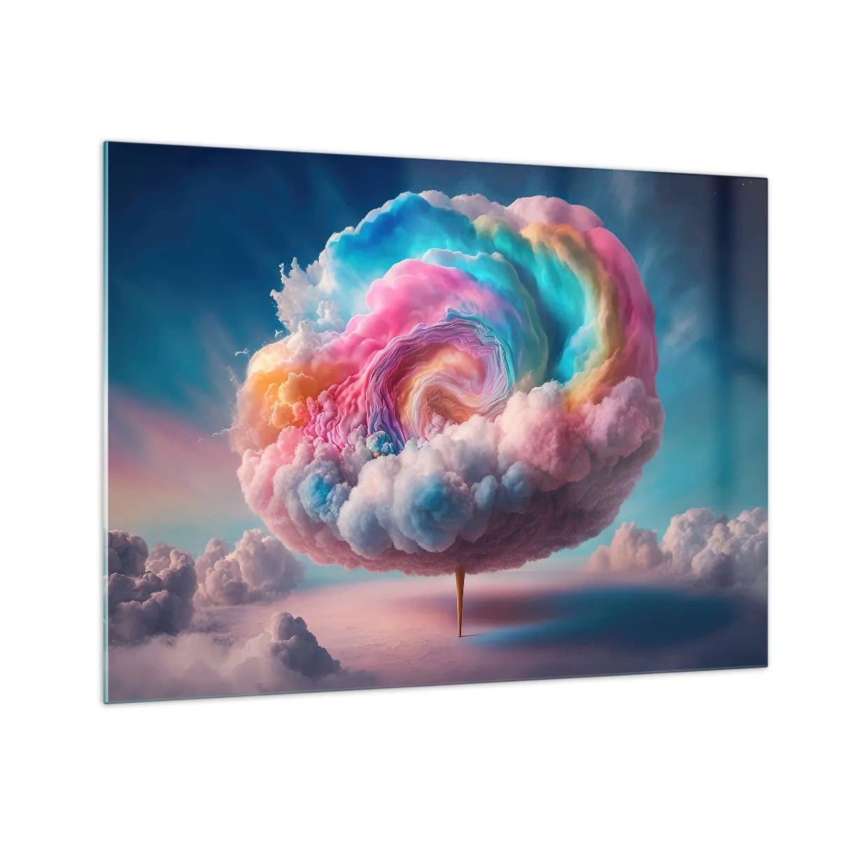 Üveg kép - Egy fantáziadús felhő pasztell színekben, ami vattacukorra hasonlít. - 70x50cm - Álom egy vidámparkról - Modern fali dekoráció nappalihoz és hálószobához ARTTOR