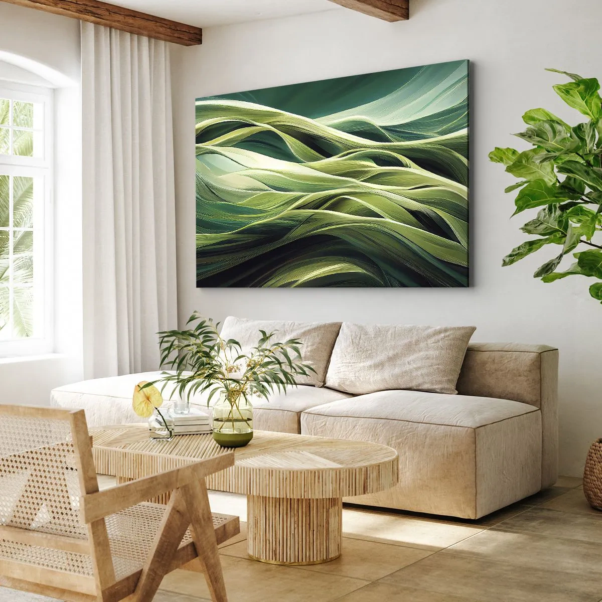 Vászonkép - Dinamikus vonalak zöld árnyalatokban - 70x50cm - Egy absztrakt zöldjáték - Modern fali dekoráció nappalihoz és hálószobához ARTTOR