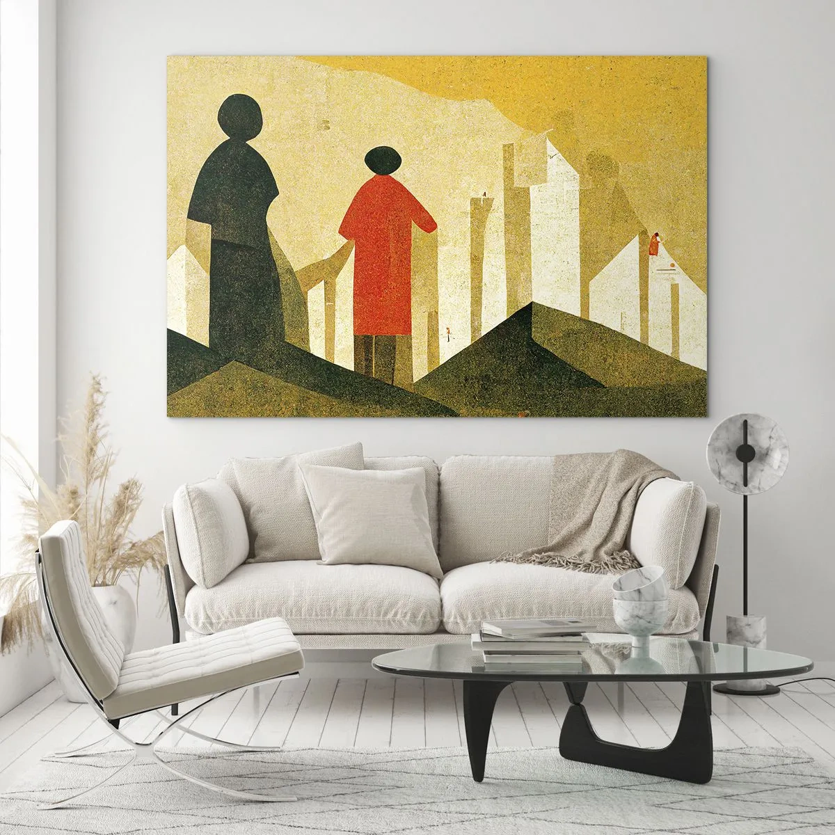 Üveg kép - Geometriai alakok sziluettjei magas formák között a sárga ég hátterében - 70x50cm - Még messze van - Modern fali dekoráció nappalihoz és hálószobához ARTTOR
