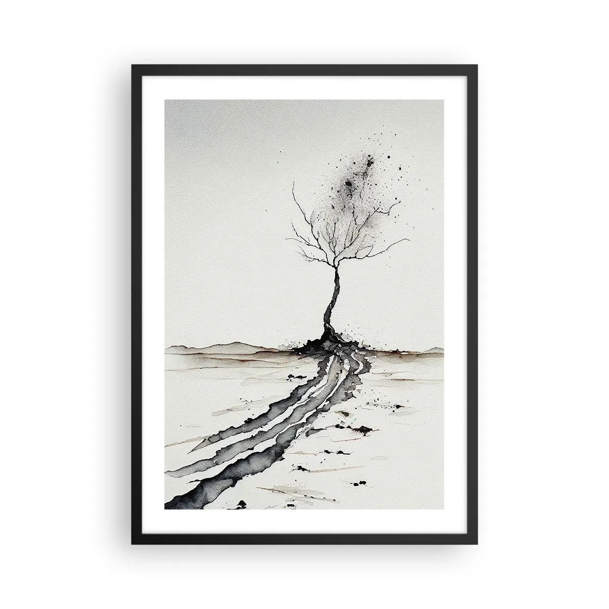 Poszter fehér keretben - Minimalista fa absztrakt gyökerekkel - 50x70cm - Téli melankólia - Modern fali dekoráció nappalihoz és hálószobához ARTTOR