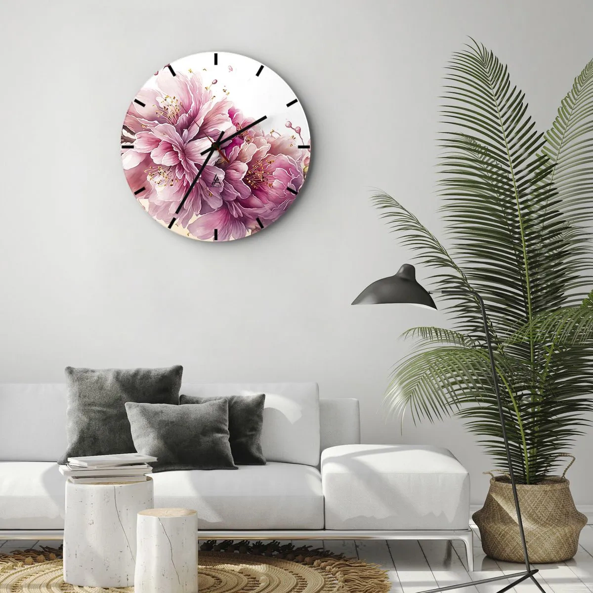 Falióra, Óra - Virágzó rózsaszín cseresznyevirág fehér alapon, művészi stílusban - 30x30cm - Cseresznyevirág - Modern fali dekoráció nappalihoz, konyhához és hálószobához ARTTOR