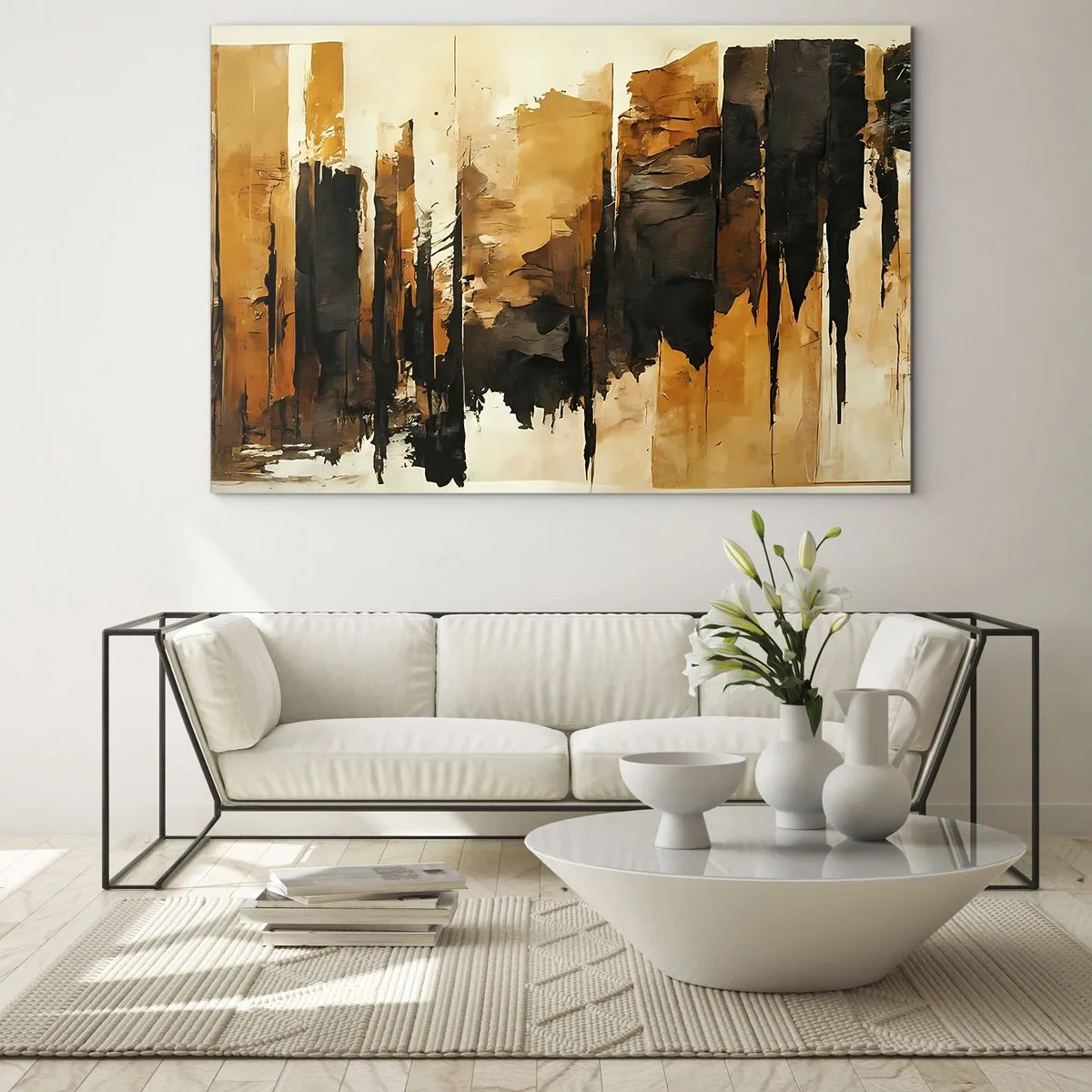 Üveg kép - Aranybarna absztrakció függőleges struktúrákkal - 70x50cm - A fekete és az arany harmóniája - Modern fali dekoráció nappalihoz és hálószobához ARTTOR