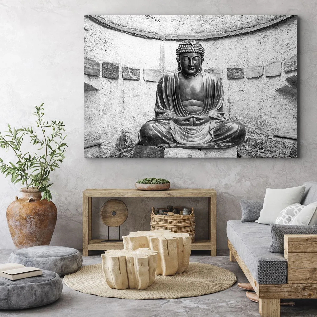 Vászonkép - Fekete-fehér Buddha-szobor meditatív pózban - 70x50cm - A béke forrásánál - Modern fali dekoráció nappalihoz és hálószobához ARTTOR
