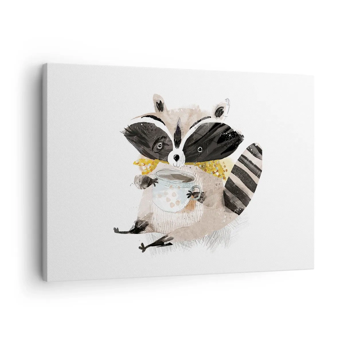 Vászonkép - Imádnivaló mosómedve pasztellszínű bögrét tart a kezében - 70x50cm - A barátom a mosómedve - Modern fali dekoráció nappalihoz és hálószobához ARTTOR