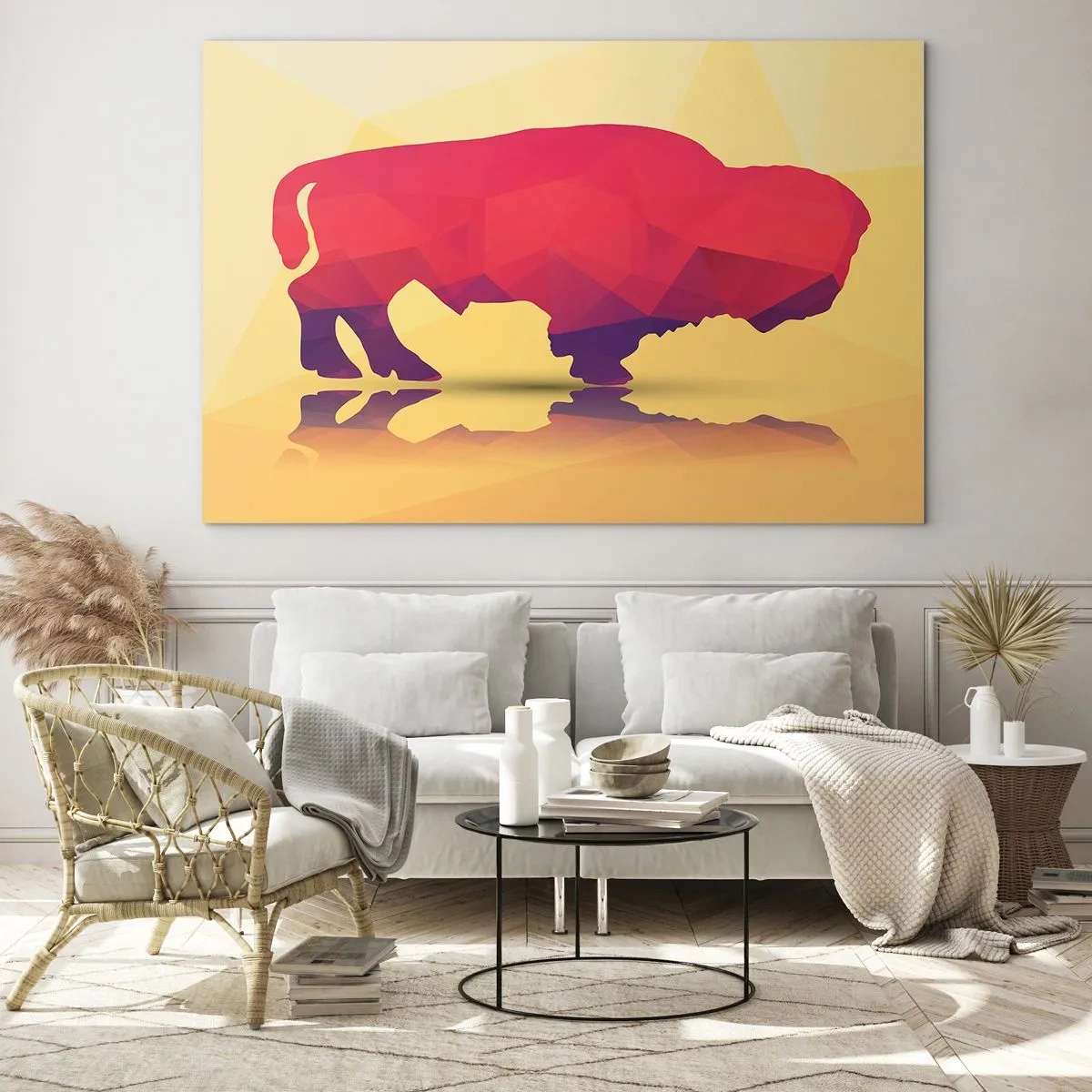 Üveg kép - Geometrikus bölény meleg színekben - 70x50cm - Az európai bölény amaránt erőssége - Modern fali dekoráció nappalihoz és hálószobához ARTTOR
