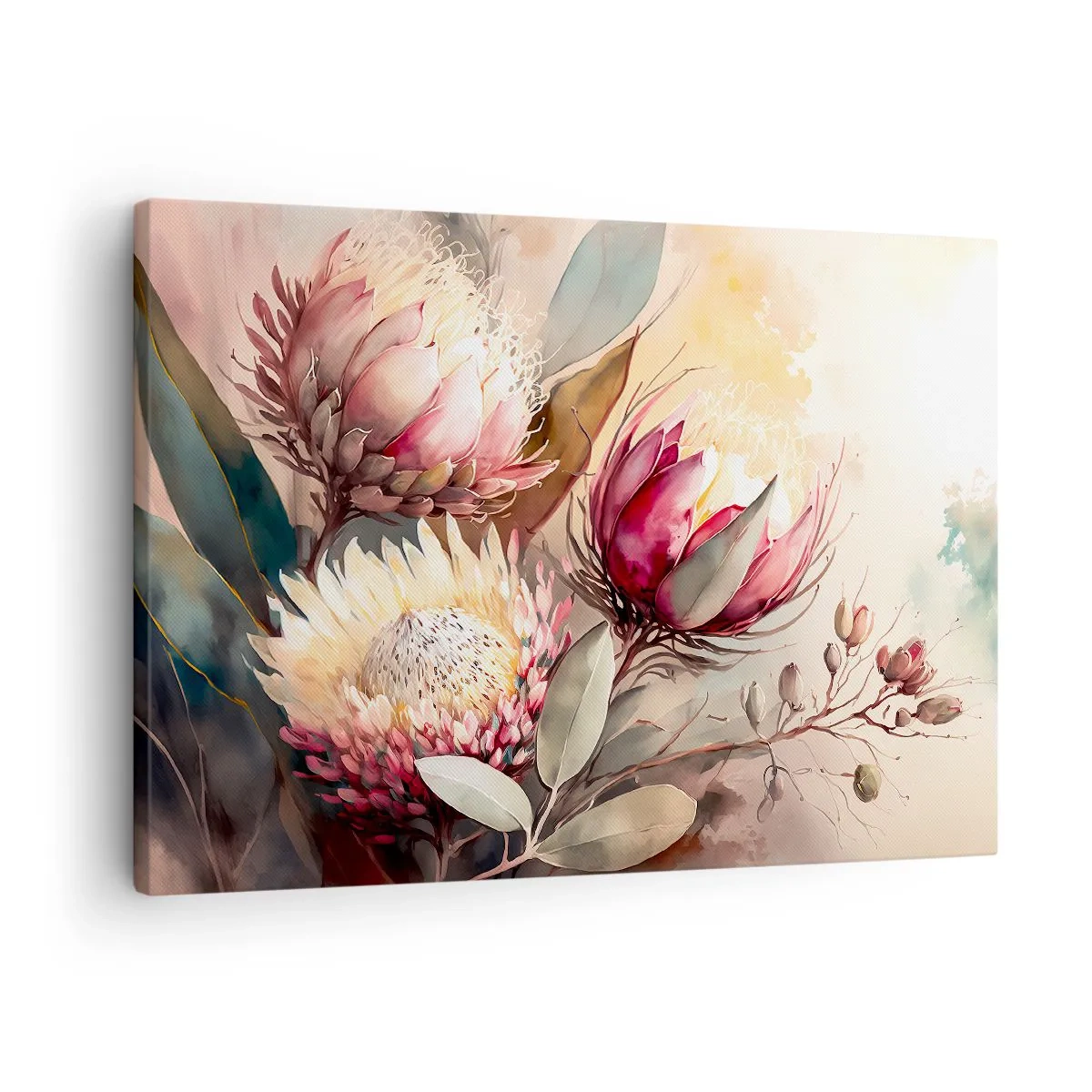 Vászonkép - Protea virágok finom pasztell árnyalatokban - 70x50cm - Profilból és en face - Modern fali dekoráció nappalihoz és hálószobához ARTTOR