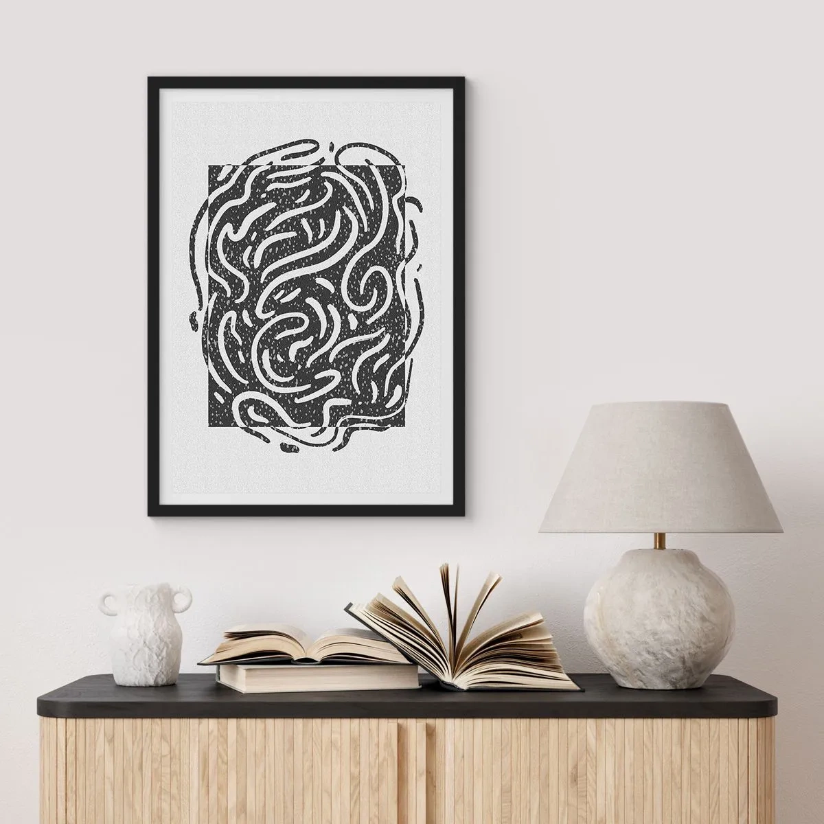 Poszter fehér keretben - Absztrakt kompozíció dinamikus vonalakkal és formákkal fekete-fehérben. - 50x70cm - Absztrakció: örömtánc - Modern fali dekoráció nappalihoz és hálószobához ARTTOR