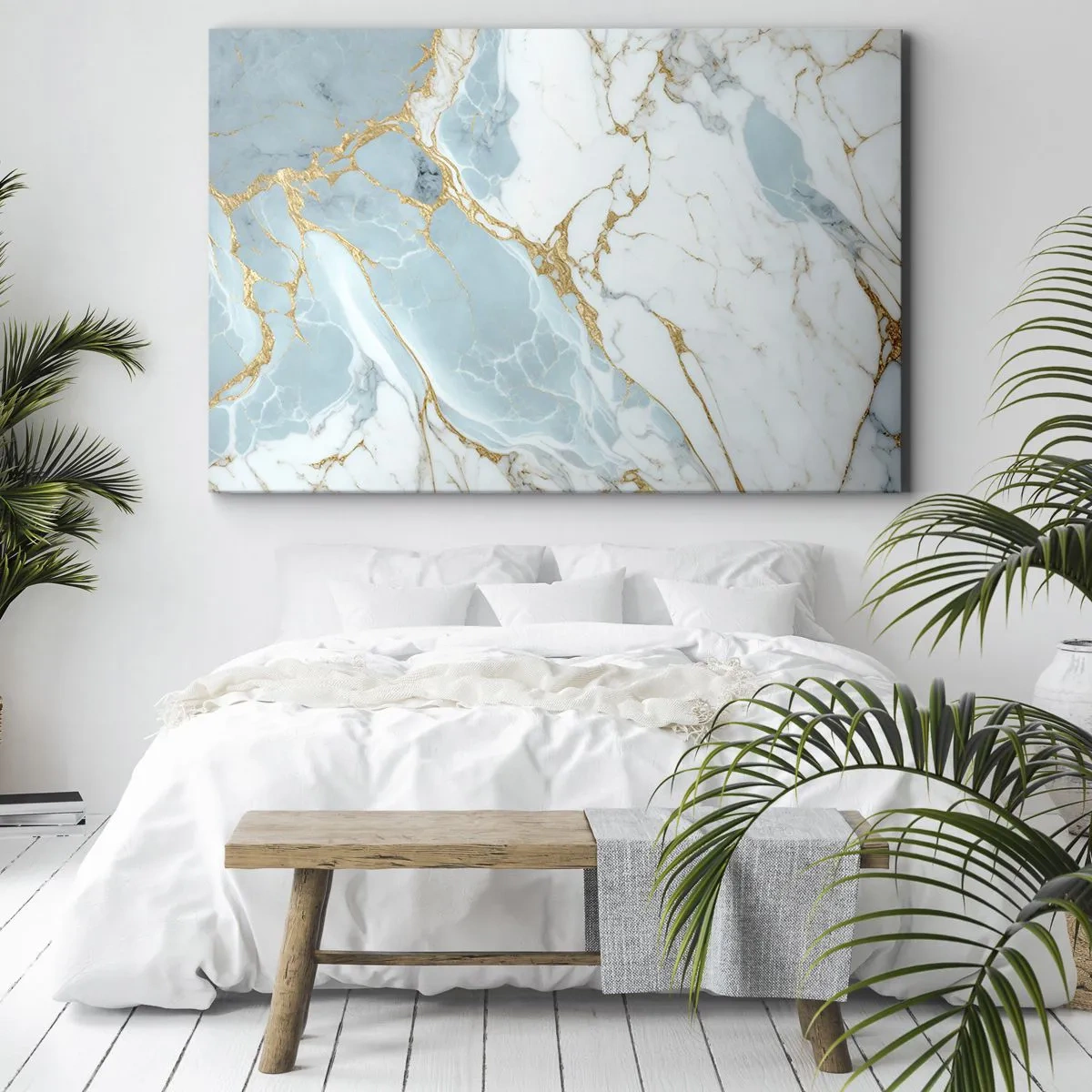 Vászonkép - Kék és fehér márvány minták hozzáadott arany erekkel - 70x50cm - A kő gazdagsága - Modern fali dekoráció nappalihoz és hálószobához ARTTOR