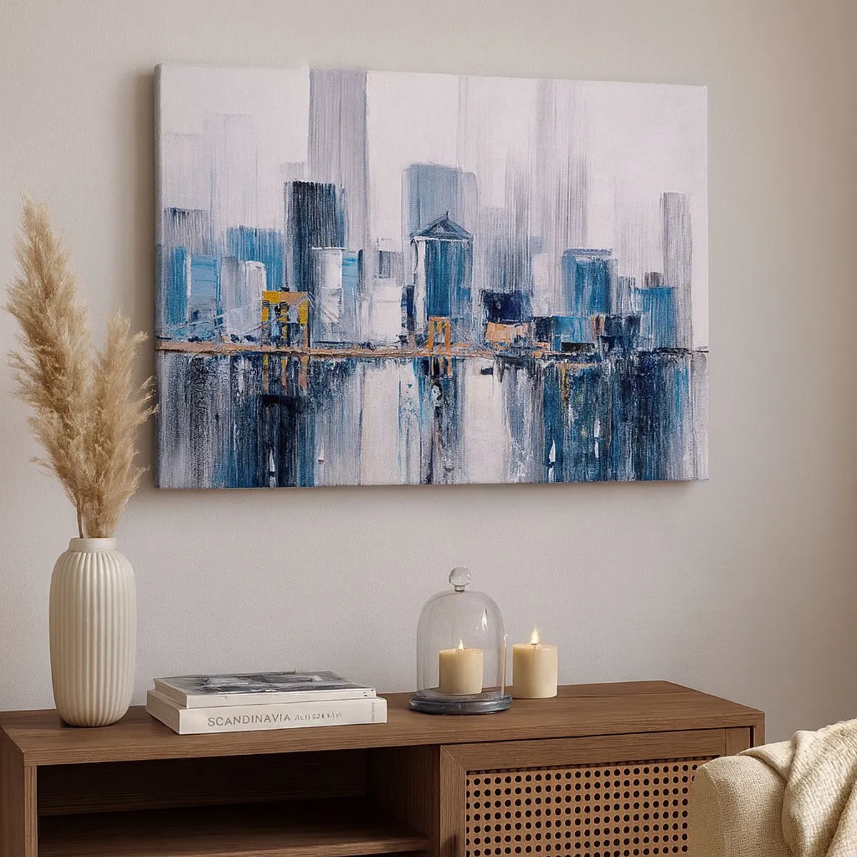 Vászonkép - Absztrakt városi panoráma kék és sárga árnyalatokkal - 70x50cm - New York-i benyomás - Modern fali dekoráció nappalihoz és hálószobához ARTTOR