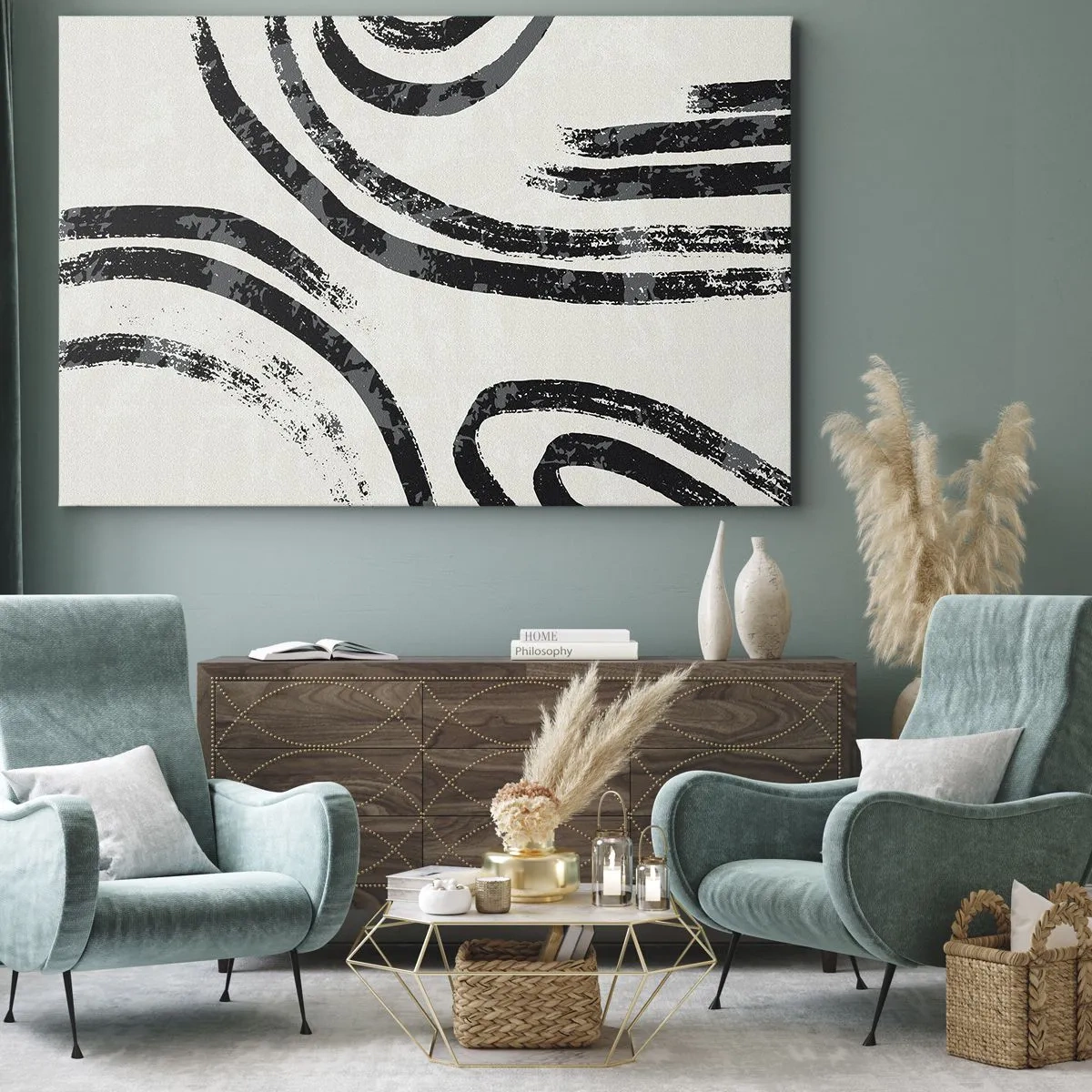 Vászonkép - Fekete-fehér absztrakt vonalak világos háttéren - 70x50cm - Félig megállt - Modern fali dekoráció nappalihoz és hálószobához ARTTOR