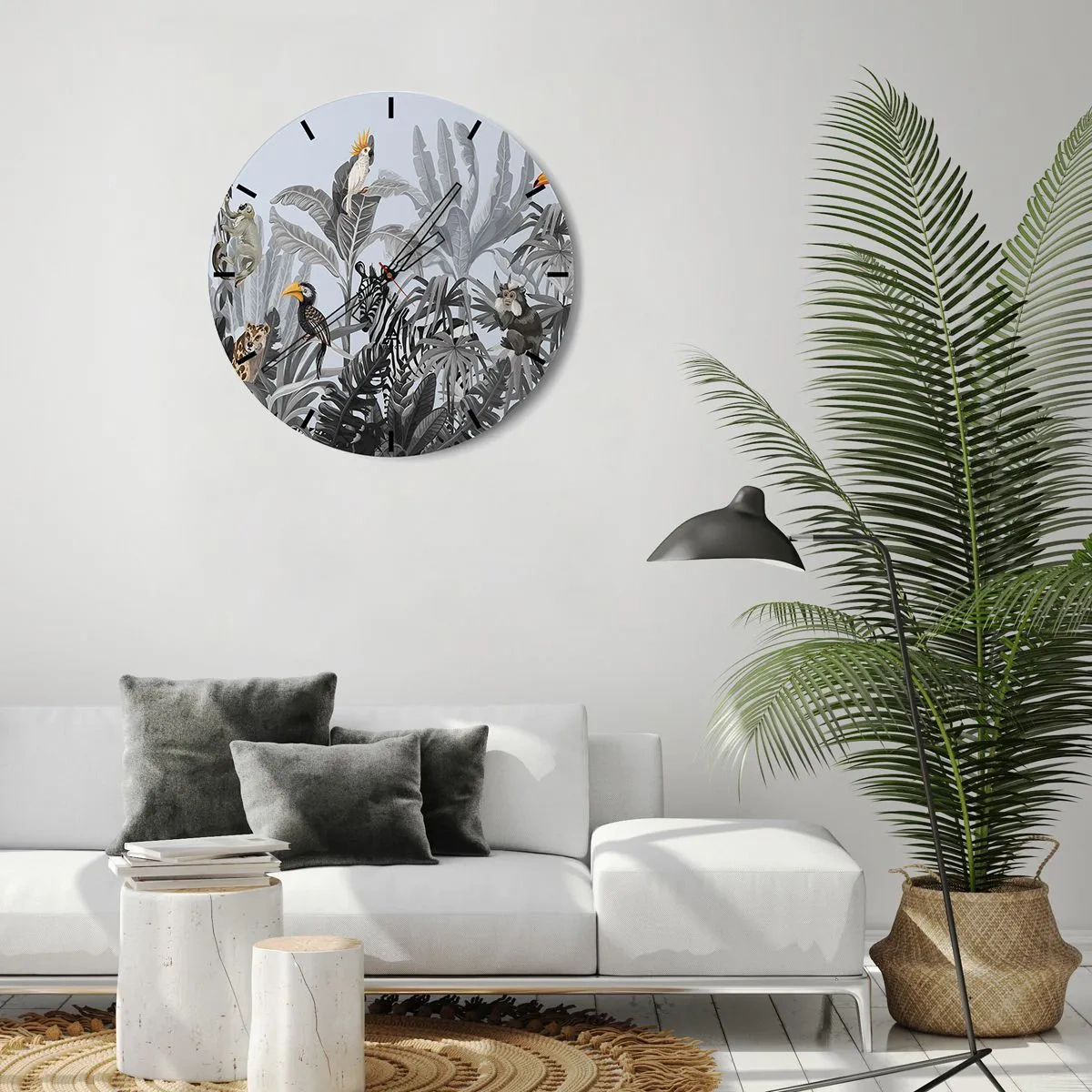 Falióra, Óra - Trópusi növények egzotikus állatokkal dzsungel háttér előtt - 30x30cm - Afrikai mese - Modern fali dekoráció nappalihoz, konyhához és hálószobához ARTTOR