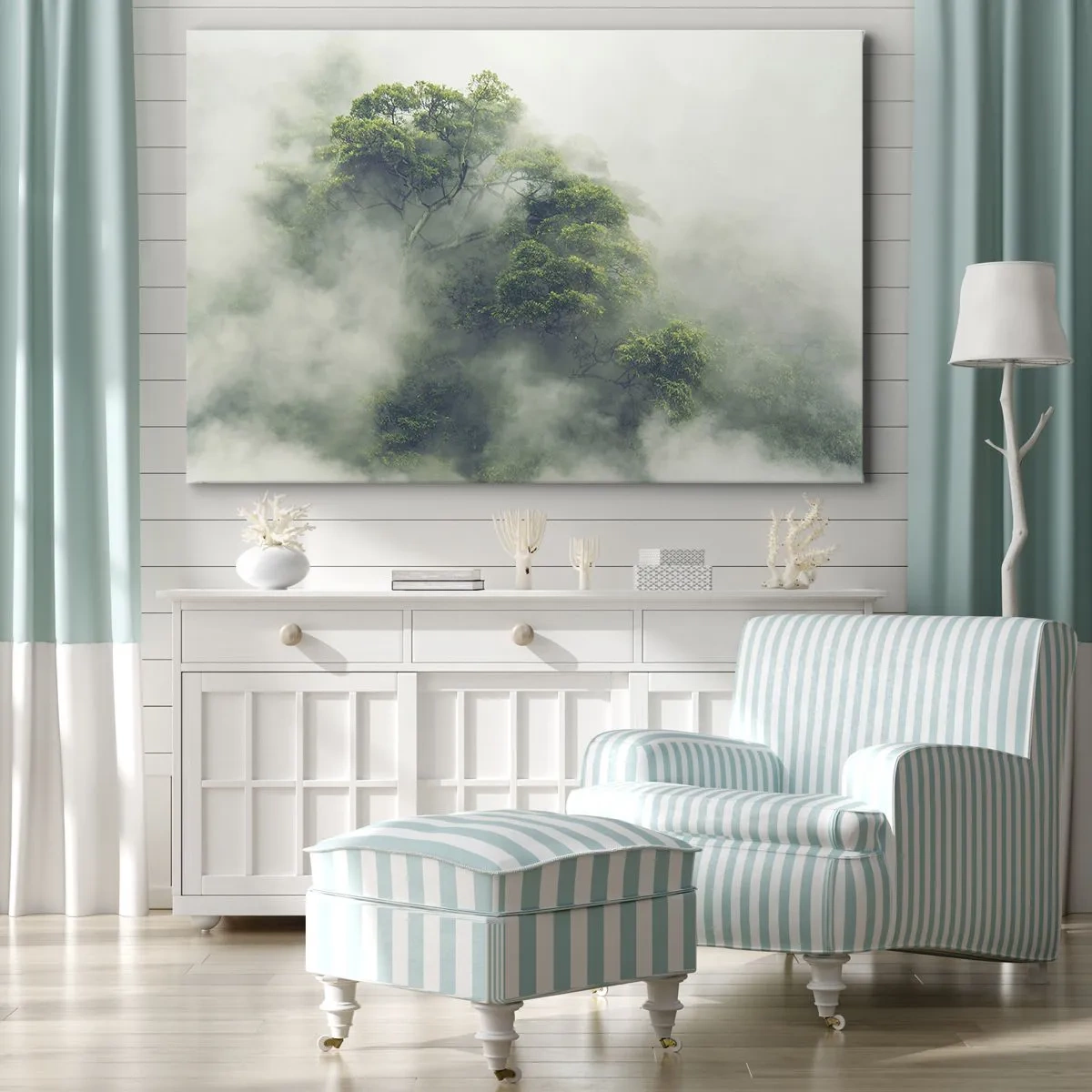 Vászonkép - Zöld fák sűrű ködben, természetes háttér előtt - 70x50cm - Ködbe burkolózva - Modern fali dekoráció nappalihoz és hálószobához ARTTOR