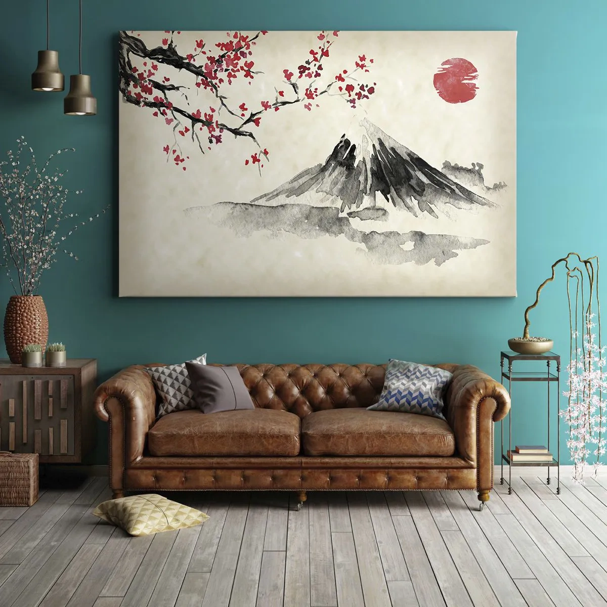 Vászonkép - Festői táj heggyel, cseresznyevirágzással és napsütéssel - 70x50cm - Szeresd Japánt - Modern fali dekoráció nappalihoz és hálószobához ARTTOR