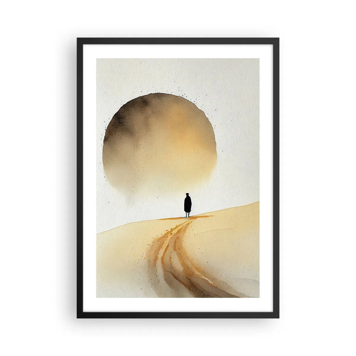 Poszter fehér keretben - Egy utazó sziluettje egy sivatagi úton - 50x70cm - Örök vágyakozás - Modern fali dekoráció nappalihoz és hálószobához ARTTOR