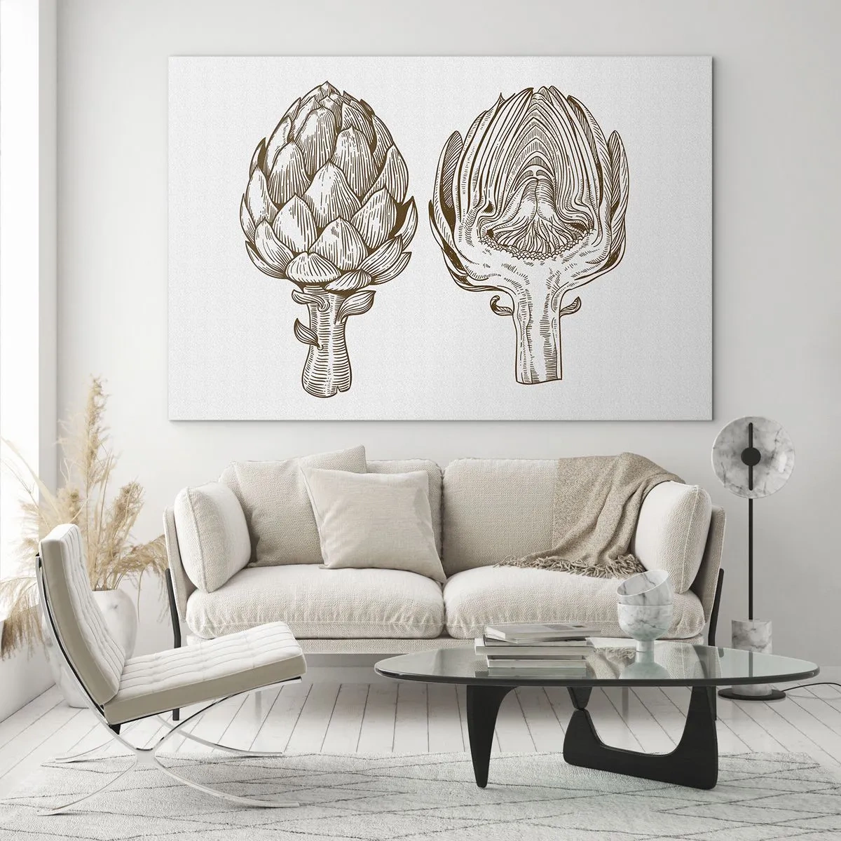 Üveg kép - Articsóka botanikai rajza teljes egészében és keresztmetszetben - 70x50cm - Anatómia lecke - Modern fali dekoráció nappalihoz és hálószobához ARTTOR