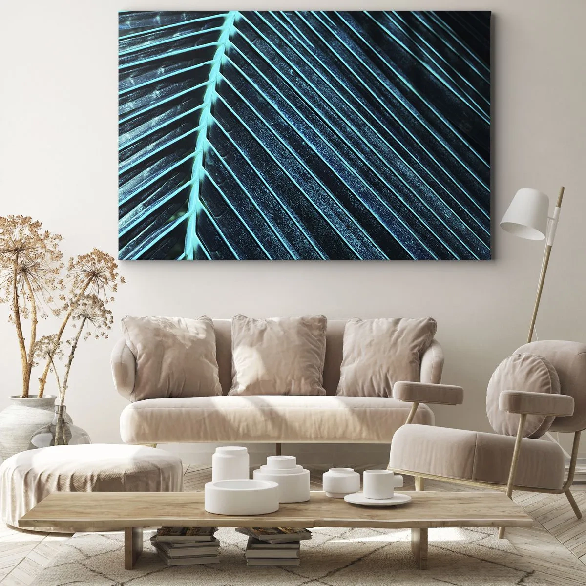 Vászonkép - Makró fotó egy levélről türkiz és sötétkék árnyalatokban - 70x50cm - A zöld textúrája - Modern fali dekoráció nappalihoz és hálószobához ARTTOR