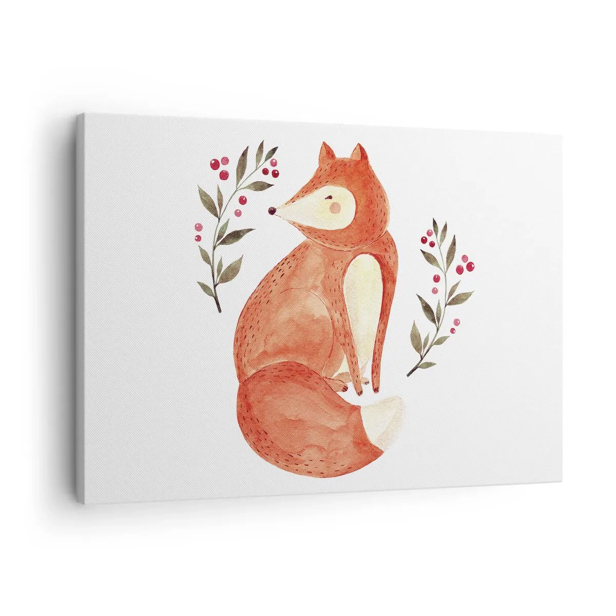 Vászonkép - Egy akvarell róka, bogyós gallyakkal körülvéve - 70x50cm - Kis vörös hajú - Modern fali dekoráció nappalihoz és hálószobához ARTTOR