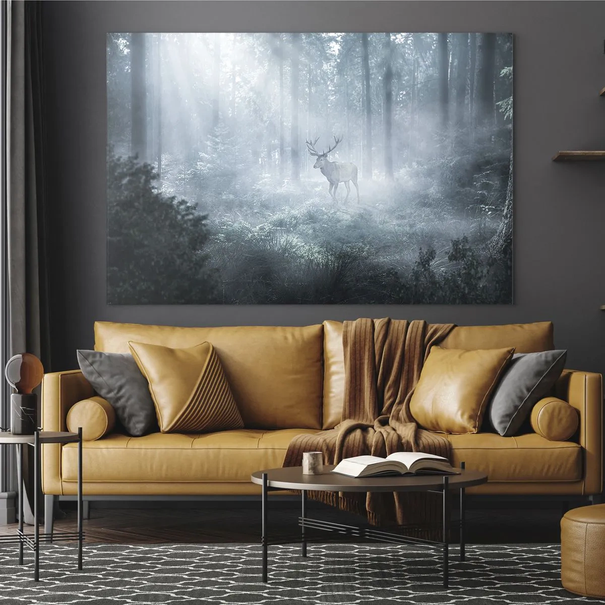 Üveg kép - Egy szarvas egy ködös erdőben, amelyet a reggeli nap sugarai világítanak meg. - 70x50cm - Reggeli birtokellenőrzés - Modern fali dekoráció nappalihoz és hálószobához ARTTOR