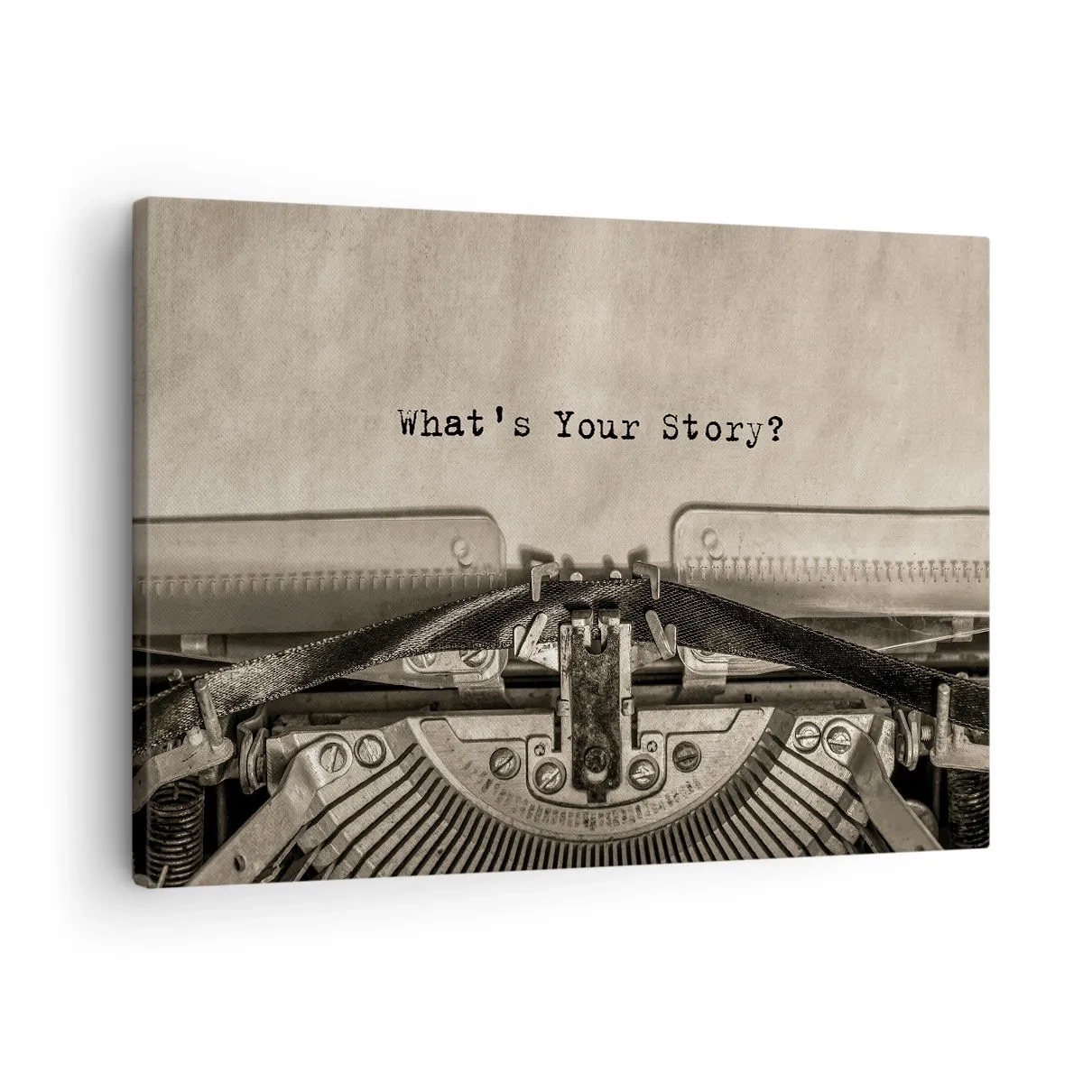 Vászonkép - Egy írógép, amelyen a „Mi a történeted?” felirat olvasható. - 70x50cm - Meséld el - Modern fali dekoráció nappalihoz és hálószobához ARTTOR