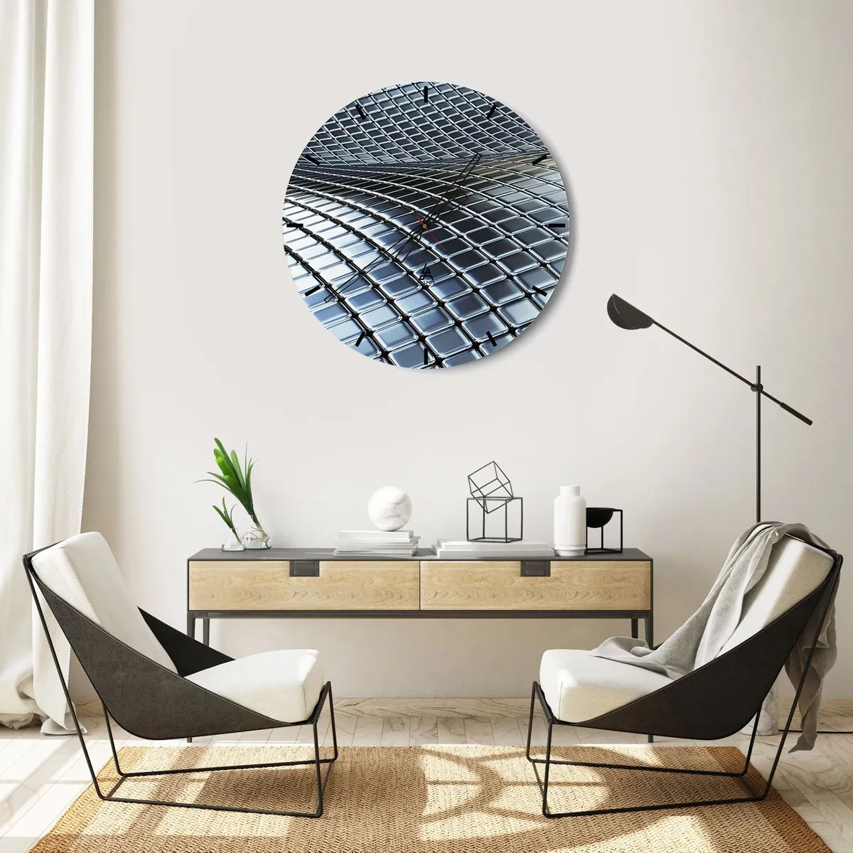 Falióra, Óra - Futurisztikus felület ezüst árnyalatú fémpanelekből - 30x30cm - Fémes ezüst hullám - Modern fali dekoráció nappalihoz, konyhához és hálószobához ARTTOR