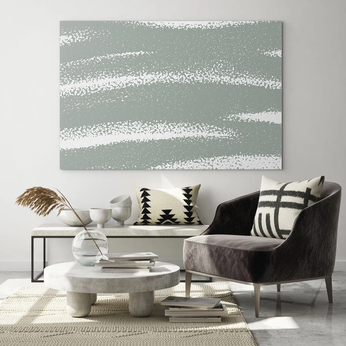 Üveg kép - Fehér csíkok hűvös zöld háttéren - 70x50cm - Absztrakció téli hangulatban - Modern fali dekoráció nappalihoz és hálószobához ARTTOR