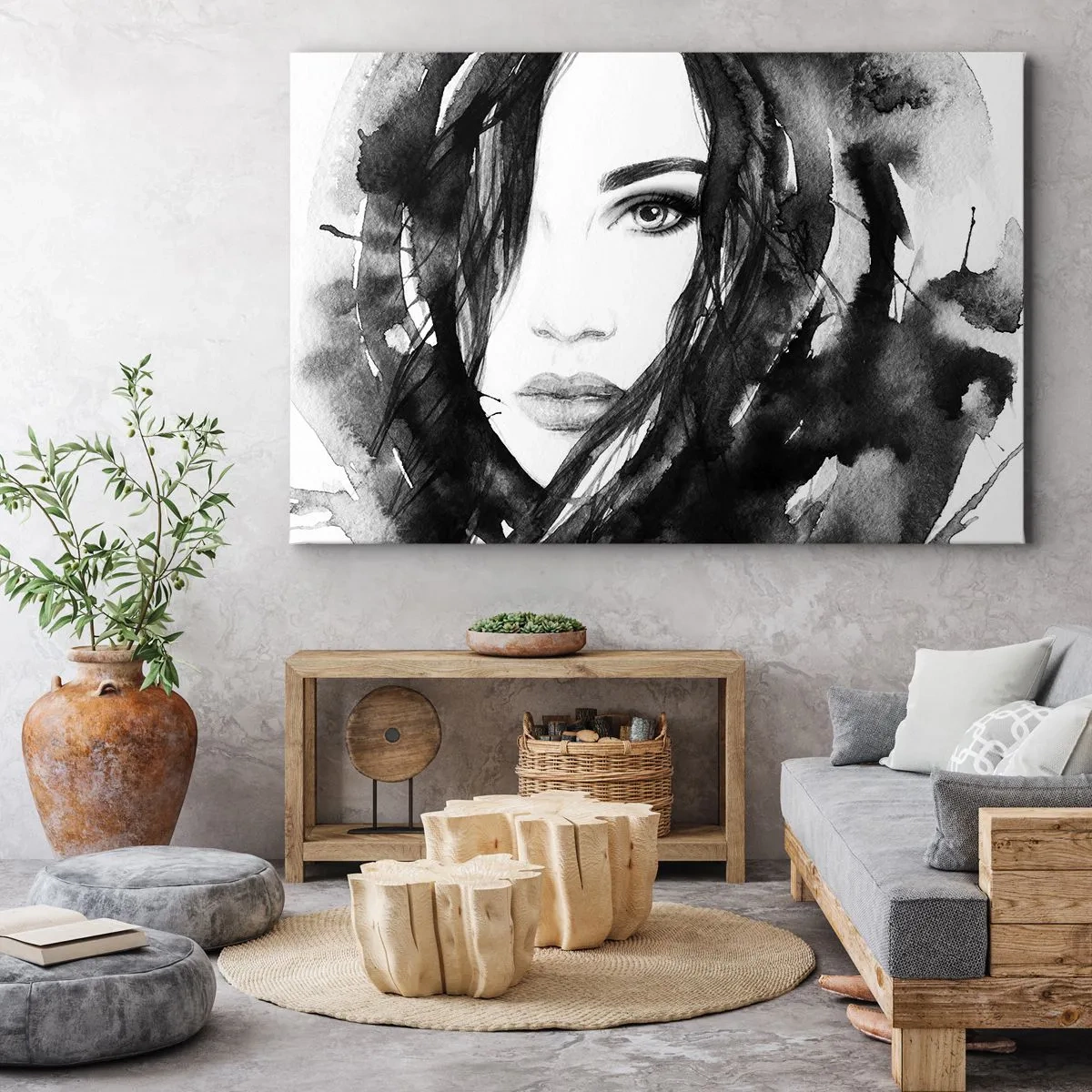 Vászonkép - Nő portréja fekete-fehér akvarellben - 70x50cm - Fekete-fehér hölgy portréja - Modern fali dekoráció nappalihoz és hálószobához ARTTOR