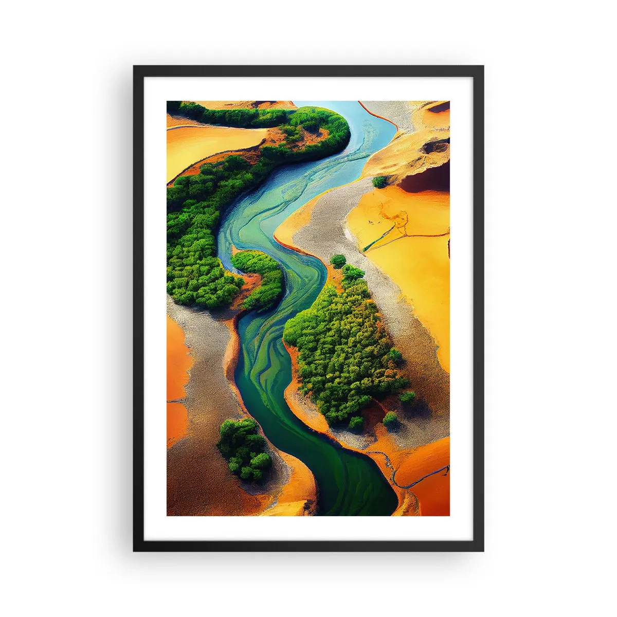 Poszter fehér keretben - Egy színes táj kanyargós folyóval - 50x70cm - Életetadó folyó - Modern fali dekoráció nappalihoz és hálószobához ARTTOR