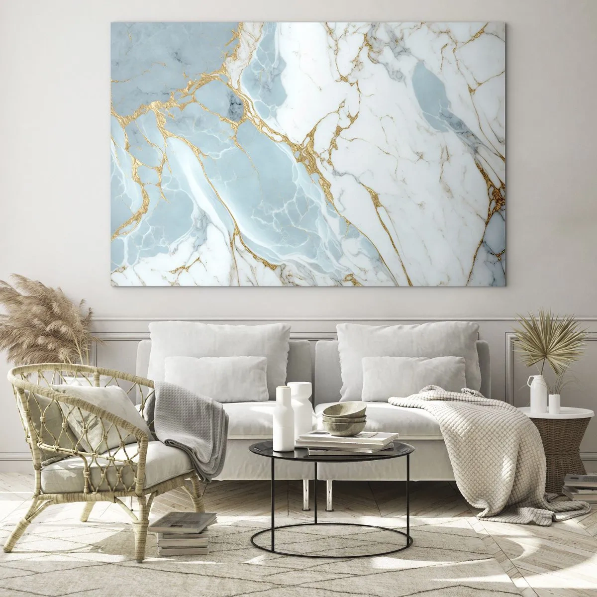 Üveg kép - Absztrakt márvány kék és arany árnyalatokban - 70x50cm - A kő gazdagsága - Modern fali dekoráció nappalihoz és hálószobához ARTTOR