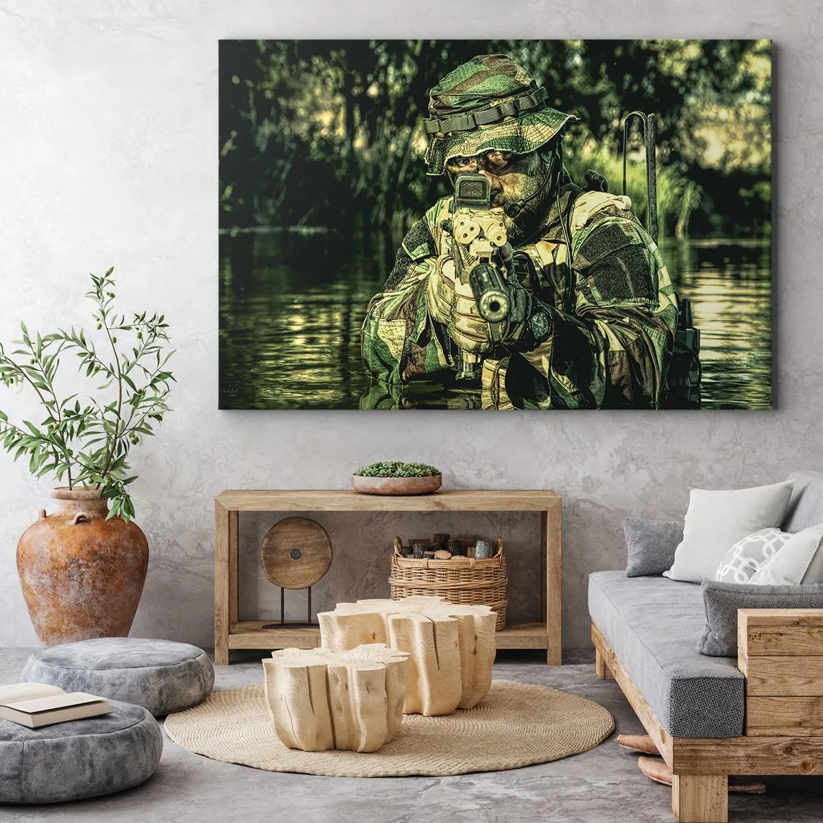 Vászonkép - Egy álcázóruhás katona céloz a vízen keresztül. - 70x50cm - A legeslegjobb - Modern fali dekoráció nappalihoz és hálószobához ARTTOR