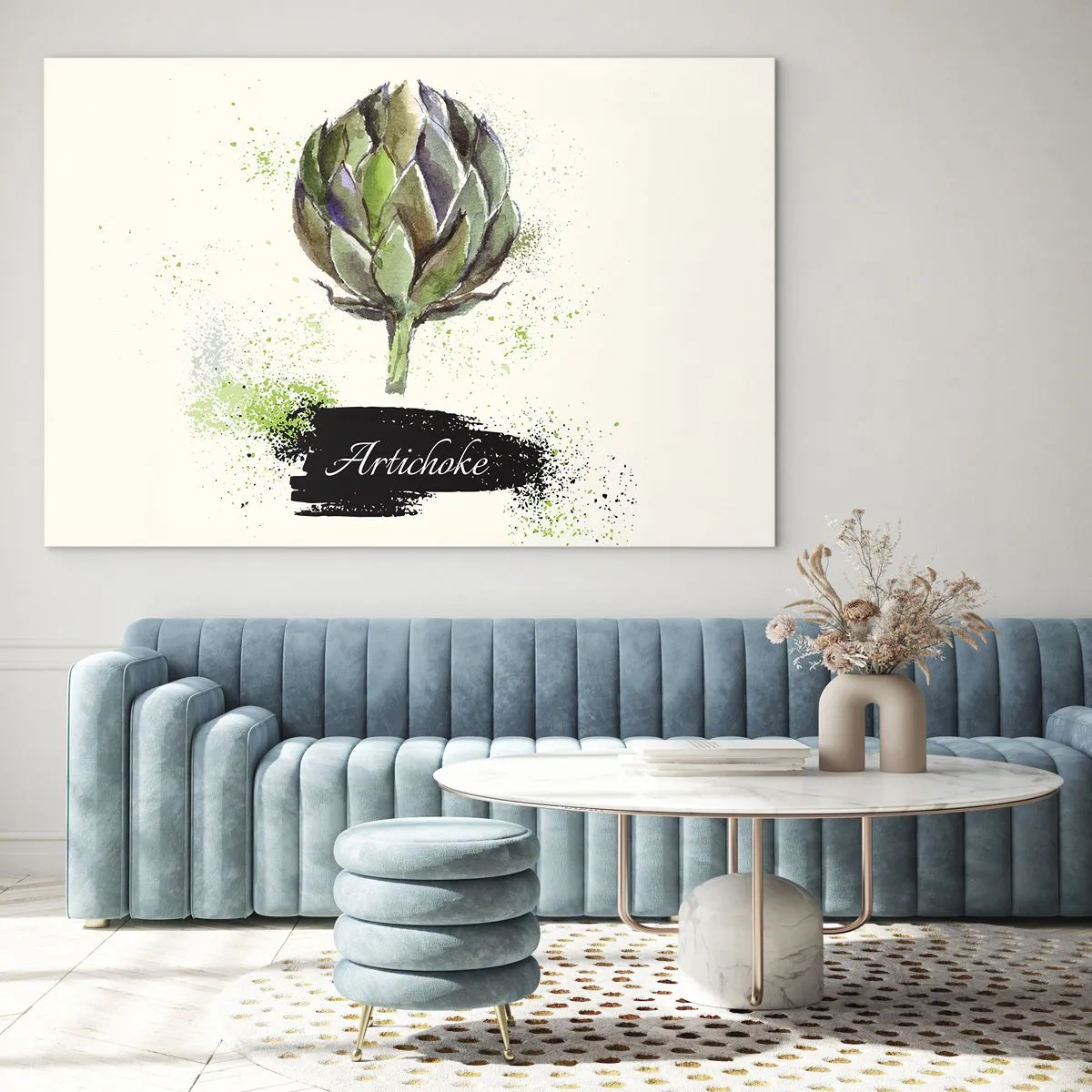 Üveg kép - Akvarell articsóka grafika, rajta Articsóka szóval - 70x50cm - Eviva zöldségek! - Modern fali dekoráció nappalihoz és hálószobához ARTTOR