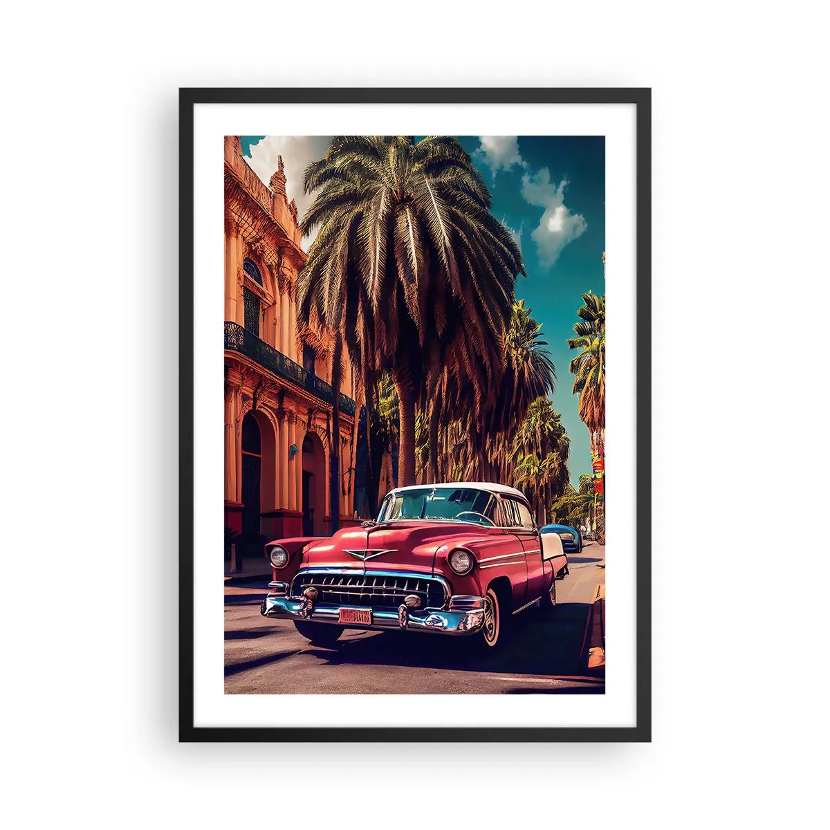 Poszter fehér keretben - Egy klasszikus autó egy trópusi város hátterében - 50x70cm - Még mindig Havannában - Modern fali dekoráció nappalihoz és hálószobához ARTTOR