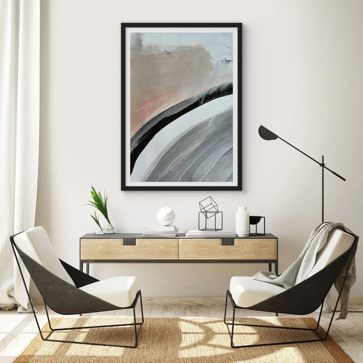 Poszter fehér keretben - Absztrakt kompozíció szürke és bézs árnyalatú vonalakkal. - 50x70cm - Kompozíció: a fekete és szürke íve - Modern fali dekoráció nappalihoz és hálószobához ARTTOR