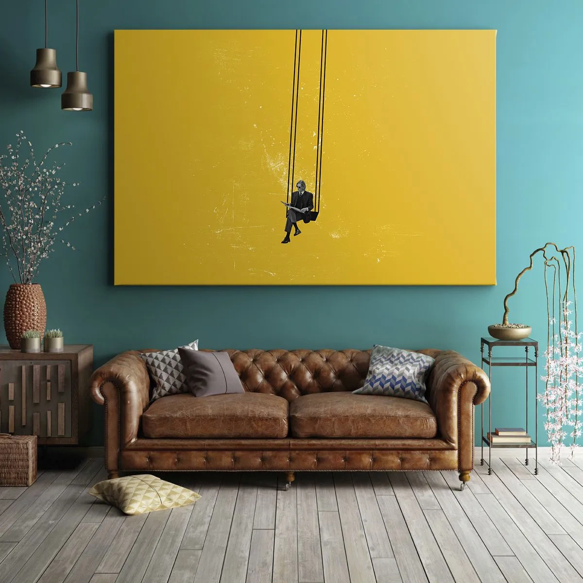 Vászonkép - Egy személy hintán, intenzív sárga háttér előtt - 70x50cm - Egy nap, mint a többi - Modern fali dekoráció nappalihoz és hálószobához ARTTOR