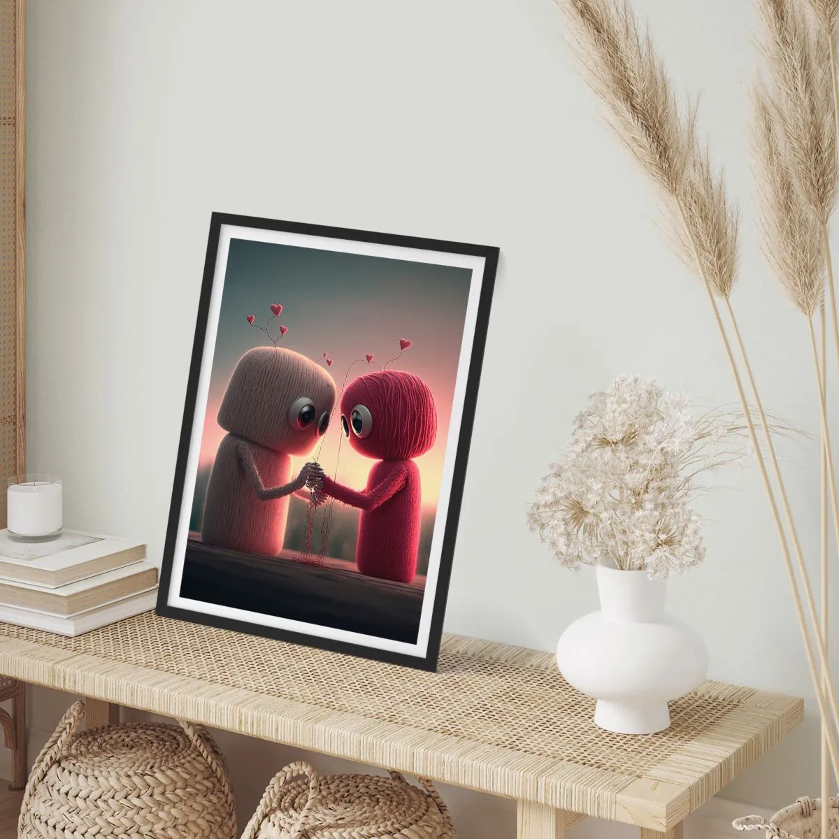 Poszter fehér keretben - Imádnivaló fonalfigurák kézen fogva - 50x70cm - Mindenki szerethet - Modern fali dekoráció nappalihoz és hálószobához ARTTOR