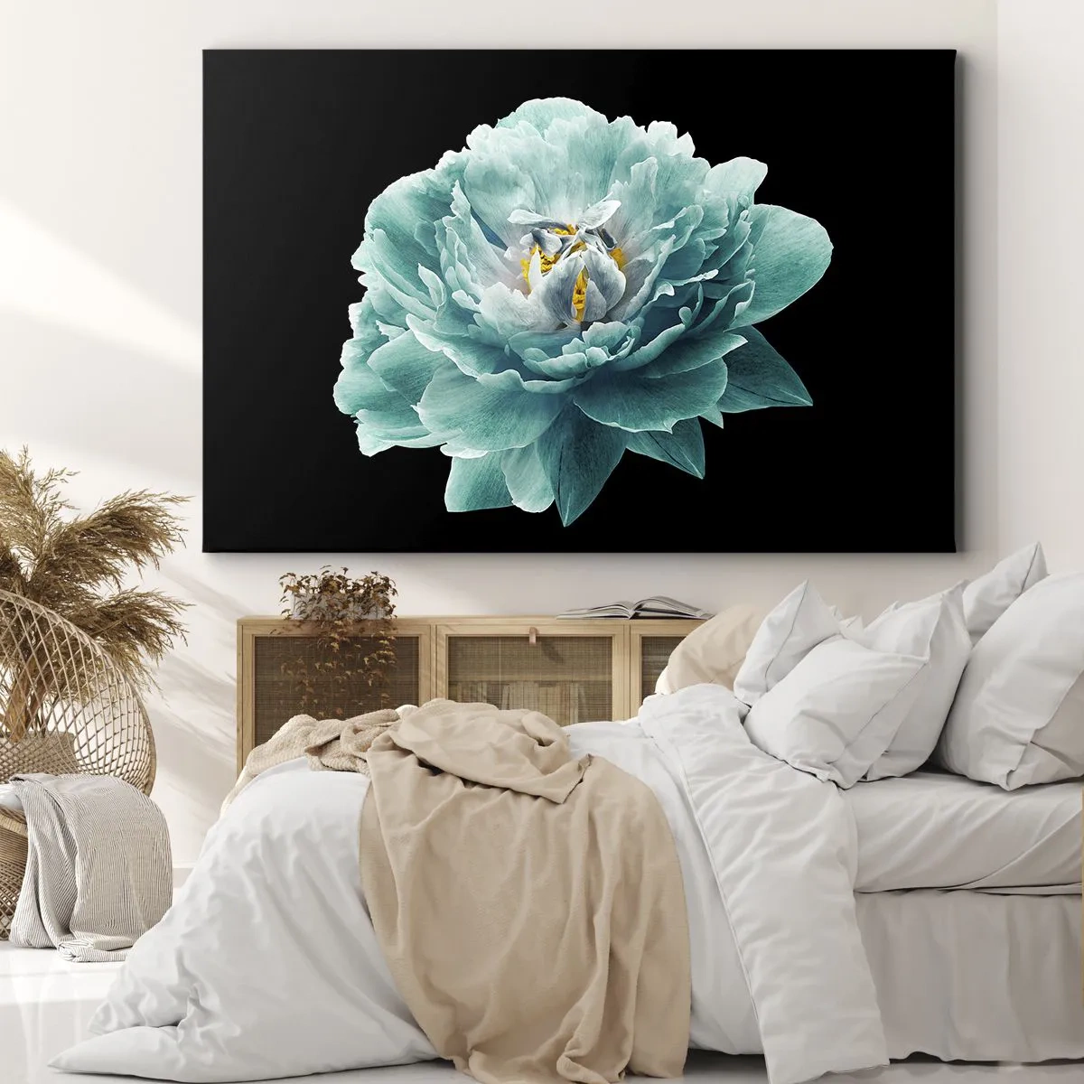 Vászonkép - Türkiz bazsarózsa virág fekete alapon - 70x50cm - Kék és arany szirmok - Modern fali dekoráció nappalihoz és hálószobához ARTTOR