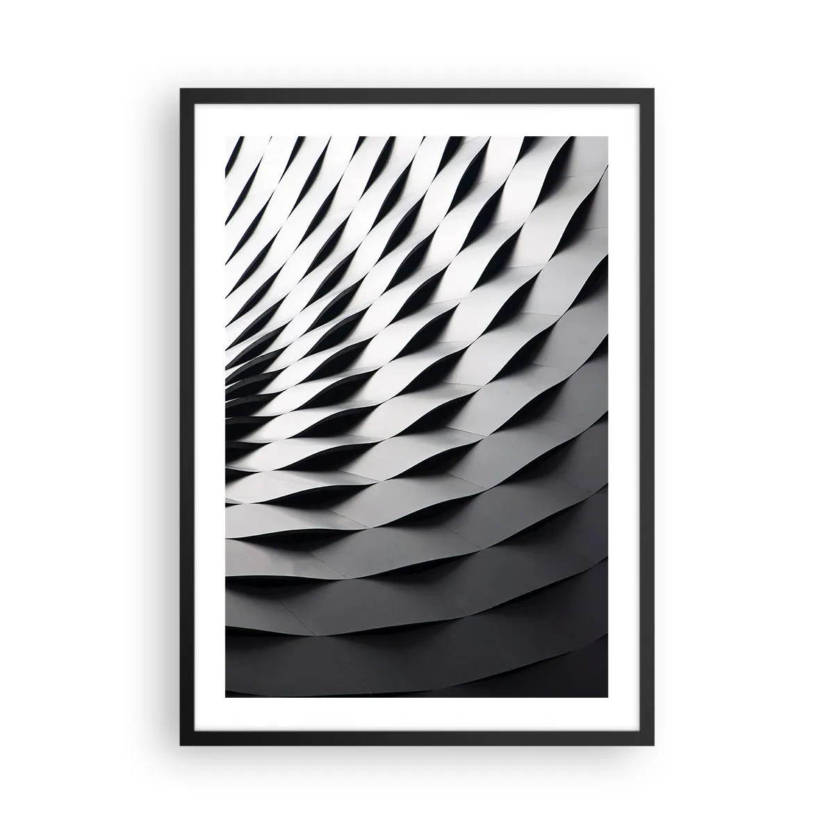 Poszter fehér keretben - Egy fekete-fehér mintás szerkezet absztrakt fényképe - 50x70cm - A hullámok felszínén - Modern fali dekoráció nappalihoz és hálószobához ARTTOR
