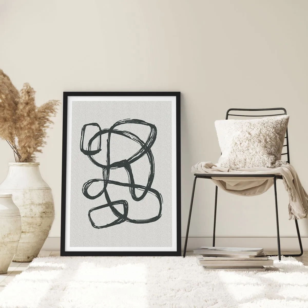 Poszter fehér keretben - Absztrakt fekete vonal világos háttéren - 50x70cm - Hurkolt absztrakció - Modern fali dekoráció nappalihoz és hálószobához ARTTOR