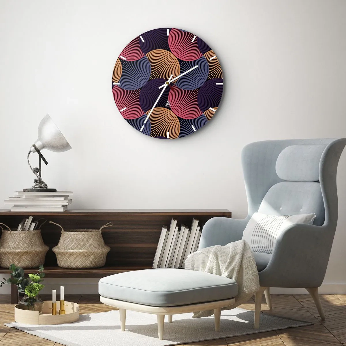 Falióra, Óra - Színes koncentrikus körök dinamikus elrendezésben - 30x30cm - Körkörös ritmusban - Modern fali dekoráció nappalihoz, konyhához és hálószobához ARTTOR