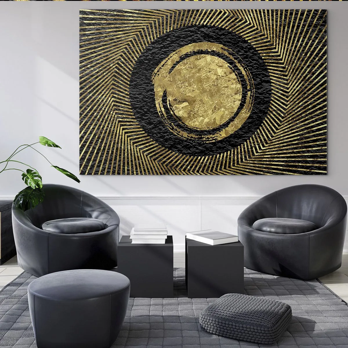 Üveg kép - Arany kör sugarakkal fekete alapon, elbűvölő stílusban - 70x50cm - Glamour kompozíció - Modern fali dekoráció nappalihoz és hálószobához ARTTOR