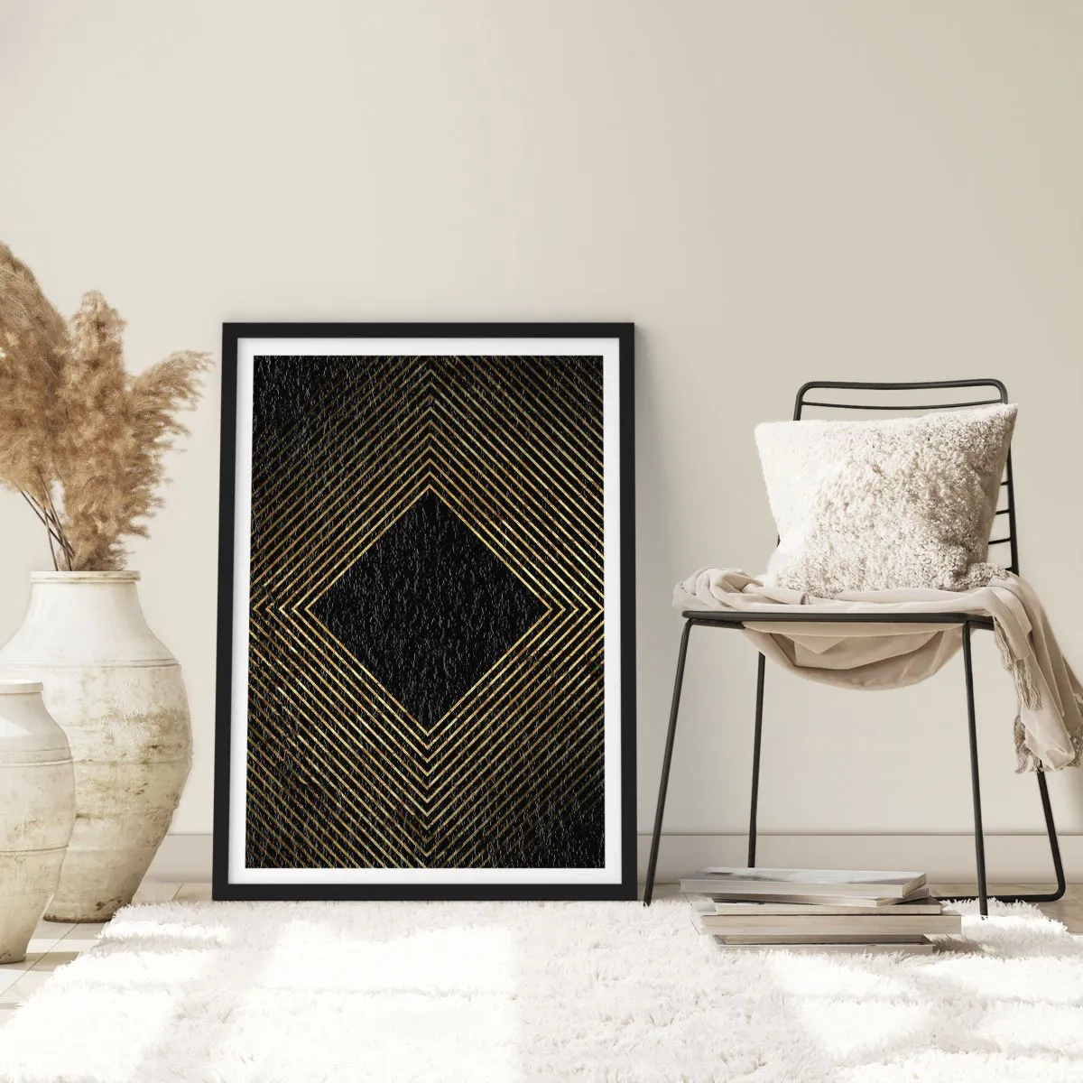 Poszter fehér keretben - Arany geometrikus vonalak fekete háttéren - 50x70cm - Geometria glamour stílusban - Modern fali dekoráció nappalihoz és hálószobához ARTTOR