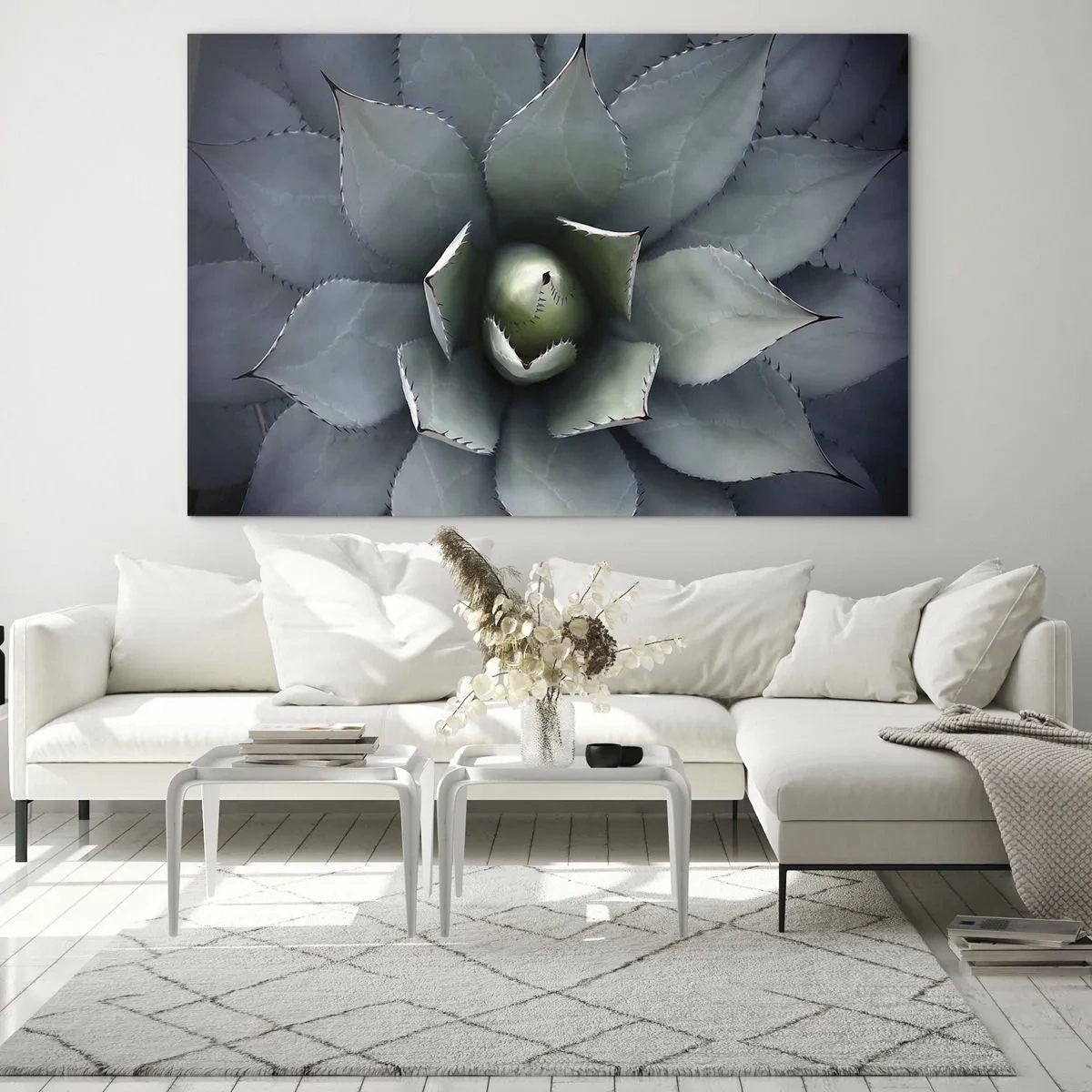 Üveg kép - Közeli kép a szimmetrikus, acélszínű agávé levelekről. - 70x50cm - Wabi és figyelmeztetés - Modern fali dekoráció nappalihoz és hálószobához ARTTOR