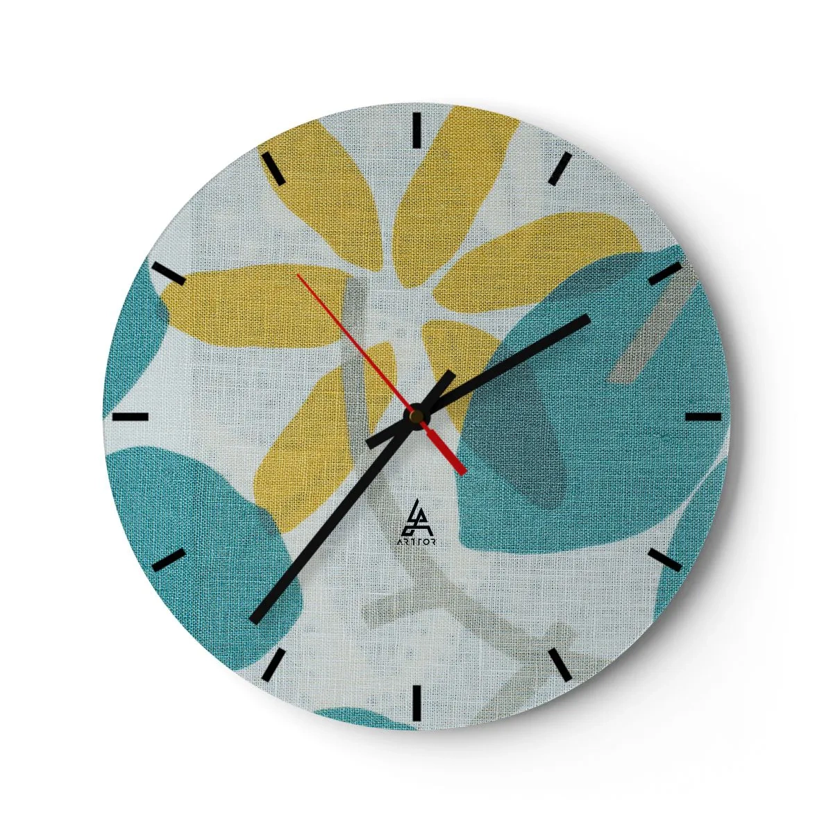 Falióra, Óra - Sárga és türkiz levelek világos, vászon textúrájú háttéren - 30x30cm - Azúrkék levelek között - Modern fali dekoráció nappalihoz, konyhához és hálószobához ARTTOR
