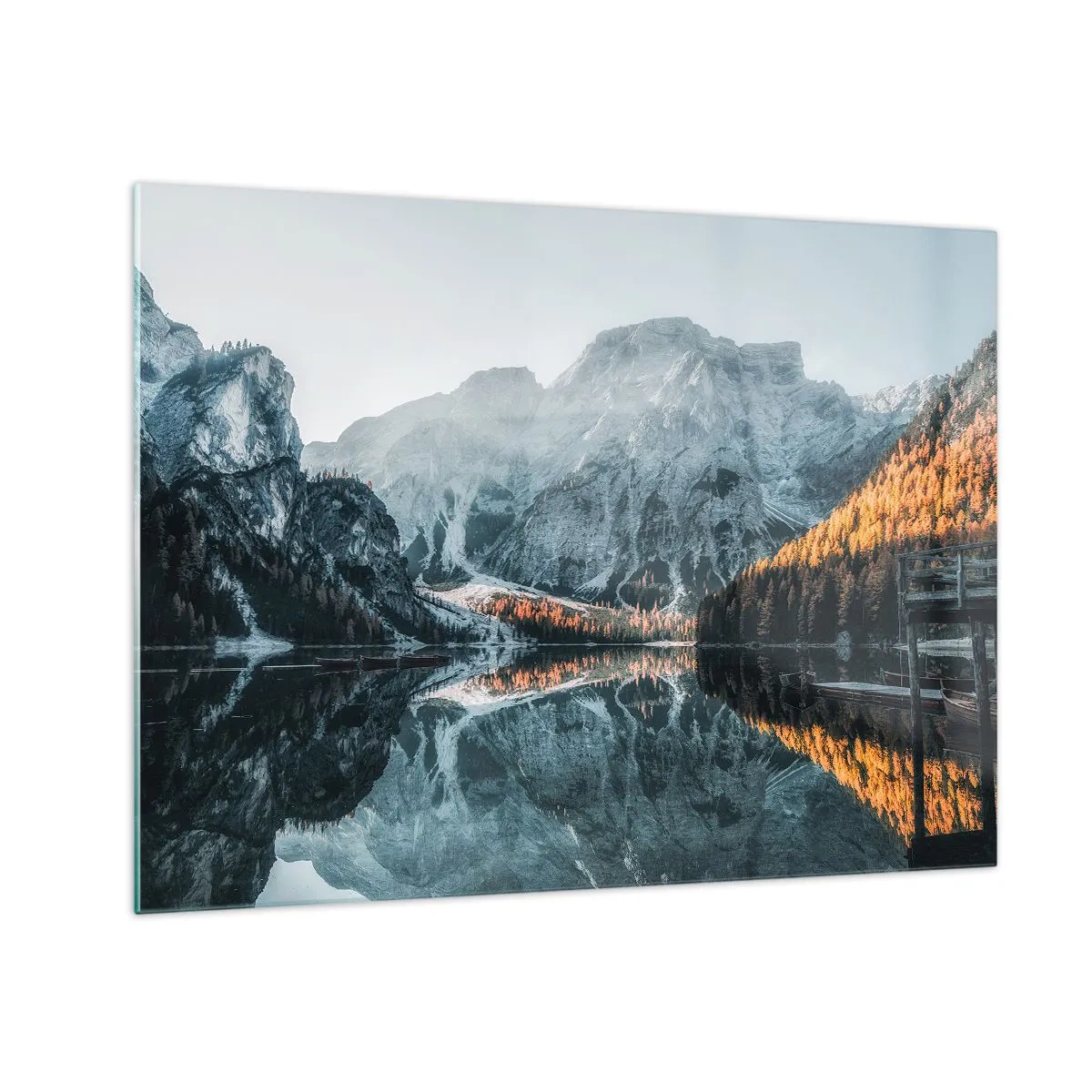 Üveg kép - Hegyi táj tükröződik a tó nyugodt felszínén - 70x50cm - Tükrös táj - Modern fali dekoráció nappalihoz és hálószobához ARTTOR