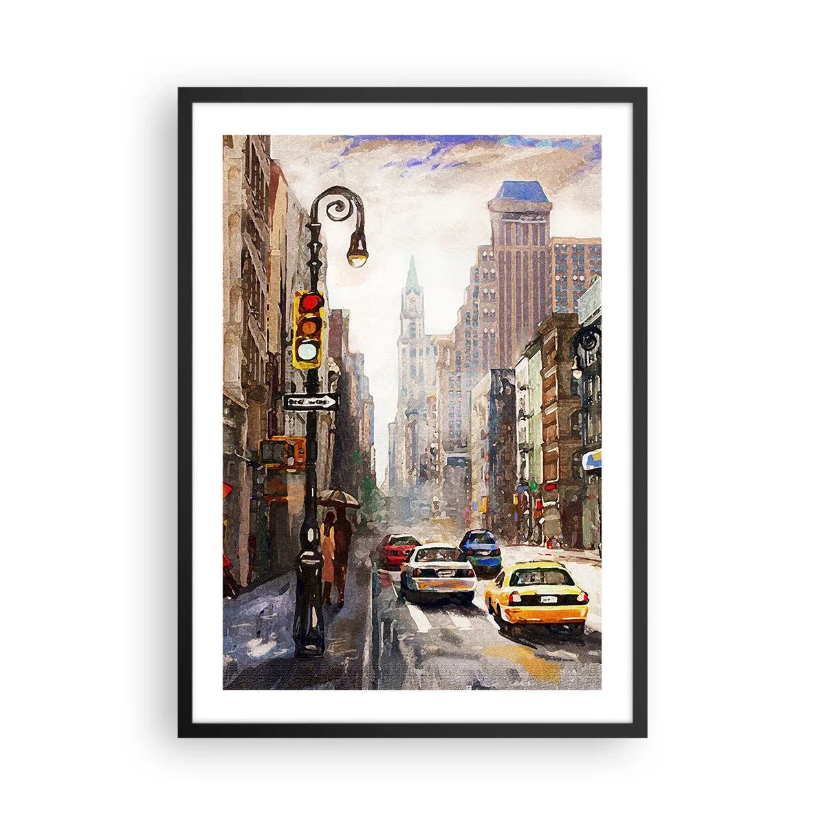 Poszter fehér keretben - Városi utca autókkal és közlekedési lámpákkal - 50x70cm - New York – esőben is színes - Modern fali dekoráció nappalihoz és hálószobához ARTTOR