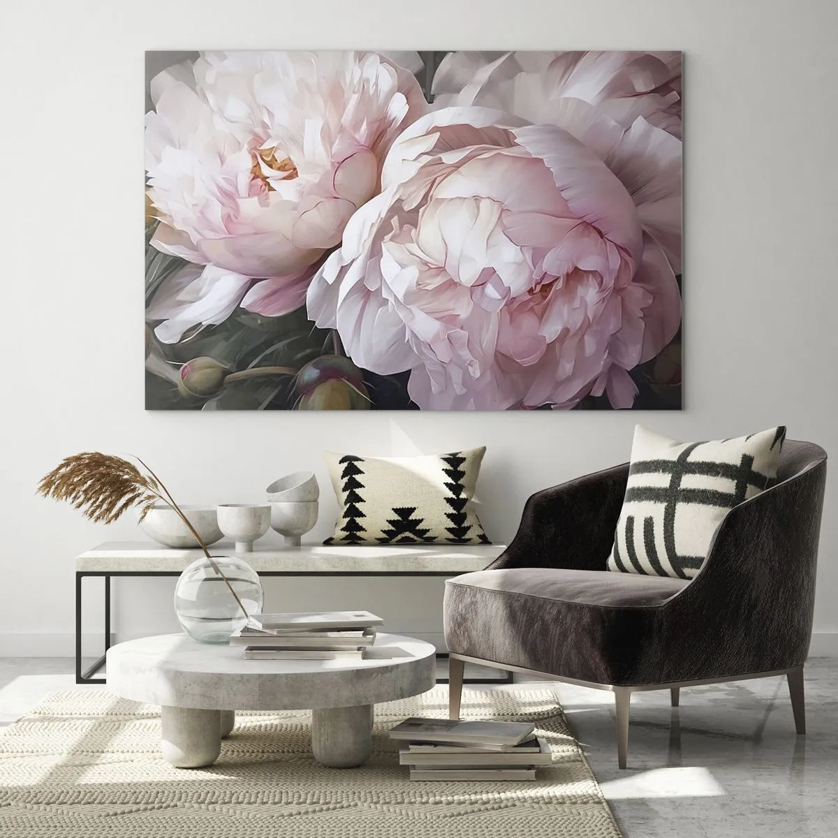 Üveg kép - Finom pünkösdi rózsák világos rózsaszín árnyalatban közelről - 70x50cm - Virágba borulva - Modern fali dekoráció nappalihoz és hálószobához ARTTOR