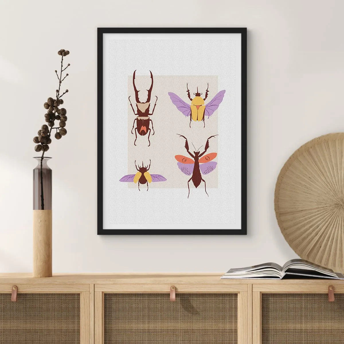 Poszter fehér keretben - Színes bogarak világos háttér előtt - 50x70cm - A rovarok világa - Modern fali dekoráció nappalihoz és hálószobához ARTTOR