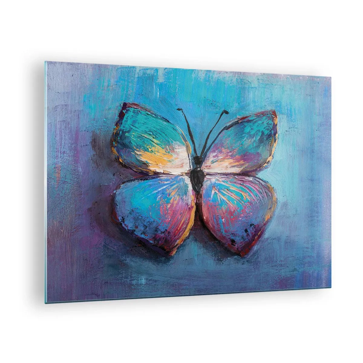 Üveg kép - Egy színes pillangó absztrakt színek hátterében, kék és lila árnyalatokban. - 70x50cm - Teljes pompájában - Modern fali dekoráció nappalihoz és hálószobához ARTTOR