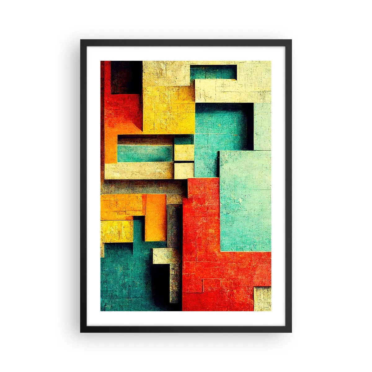 Poszter fehér keretben - Geometrikus absztrakció élénk színekben - 50x70cm - A derékszögek fesztiválja - Modern fali dekoráció nappalihoz és hálószobához ARTTOR