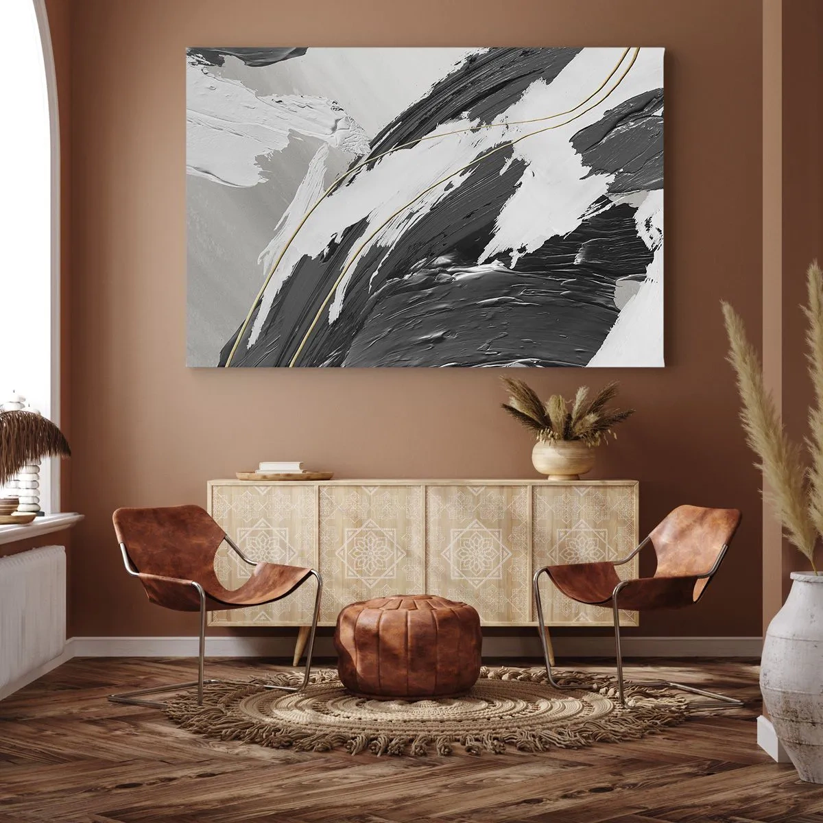 Vászonkép - Fekete-fehér festékecskék finom arany díszítéssel - 70x50cm - Absztrakció érzékkel - Modern fali dekoráció nappalihoz és hálószobához ARTTOR